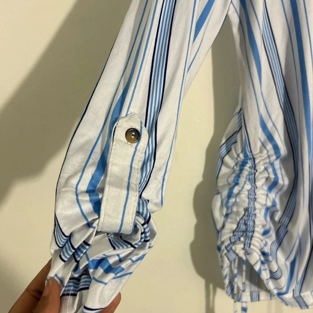 Striped Button Down Shirt Blue White Long Sleeve Drawstring Casual Womens - Picture 7 of 9